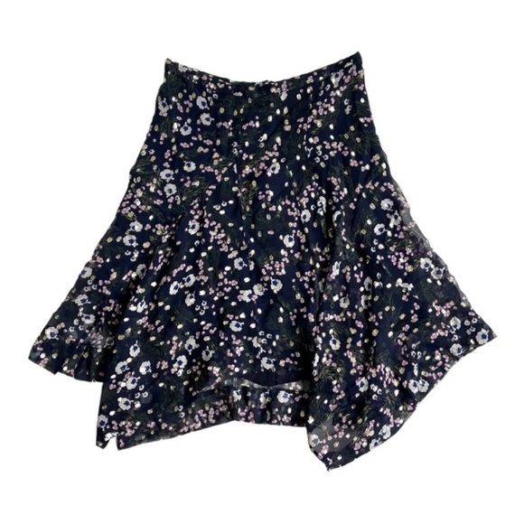 Isabel Marant Dark Blue Metallic Floral Asymmetrical Silk Skirt,Specials : American Fashion Style Bags On Sale